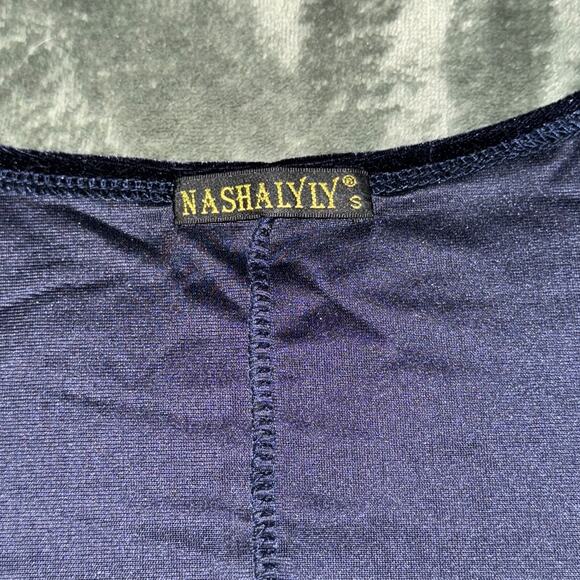 NASHALYLY Bodycon Mermaid Dress Women Small Navy Velvet Ruched Ruffle Side Split - Picture 7 of 8